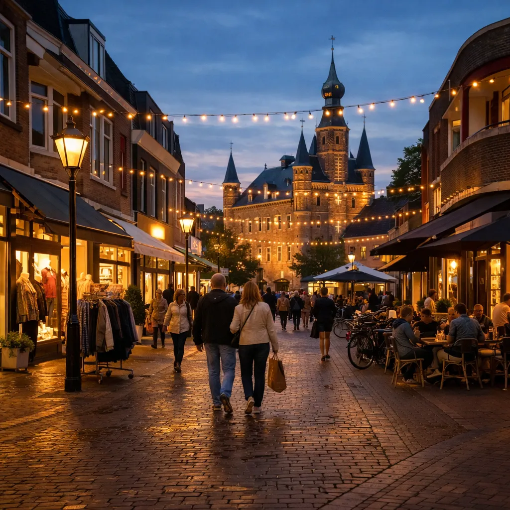 Avondwinkelstraat in Wijchen met verlichte winkels