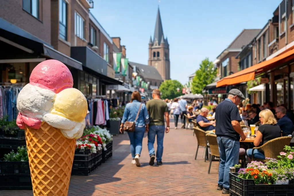 Drukke winkelstraat in Wijchen op zondag met terras en kerk op de achtergrond
