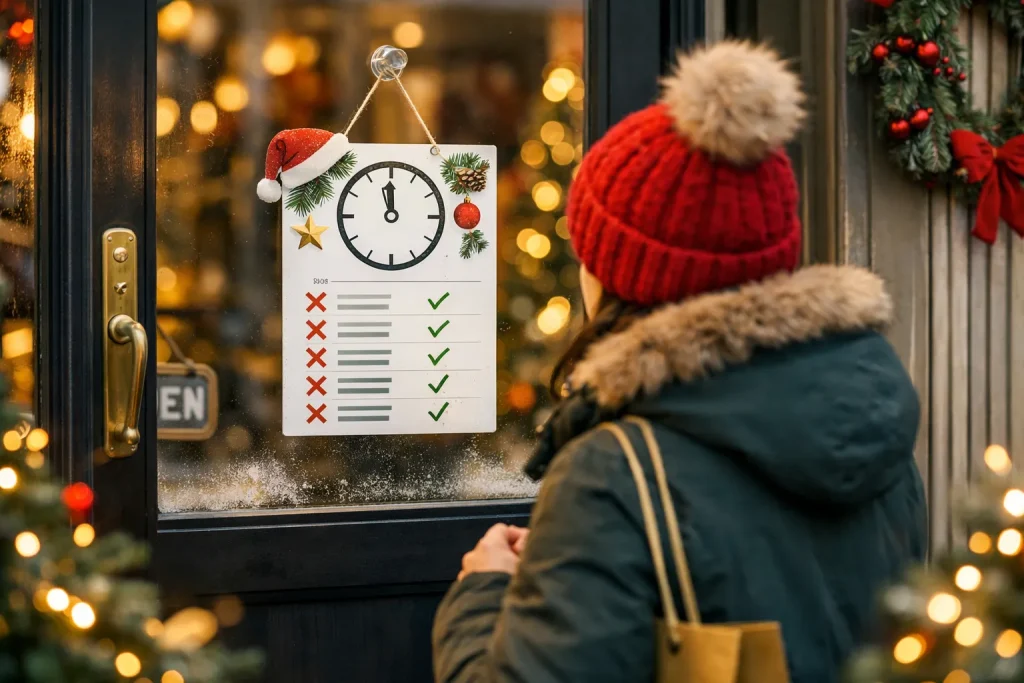 Persoon kijkt naar openingstijden op winkeldeur in feestelijke straat