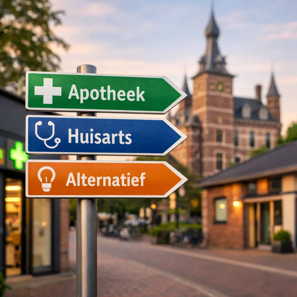 Wegwijzer met apotheek- en huisartsrichting in Wijchen bij zonsondergang.