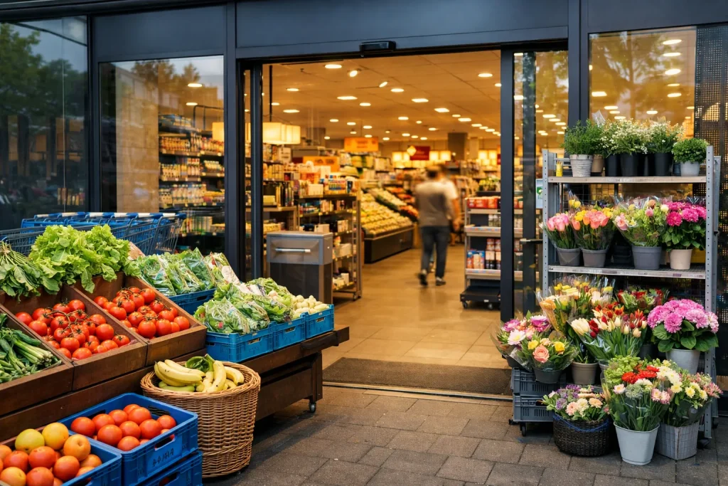 Ingang van een supermarkt met versafdeling bij de entree.