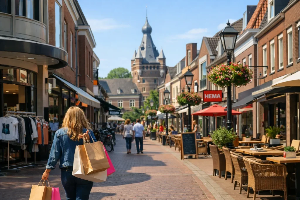 Drukke winkelstraat in het centrum van Wijchen op een zonnige dag