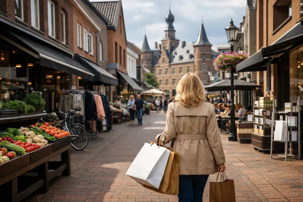 Winkelstraat in Wijchen met terrassen, marktgroenten en Kasteel Wijchen op de achtergrond.