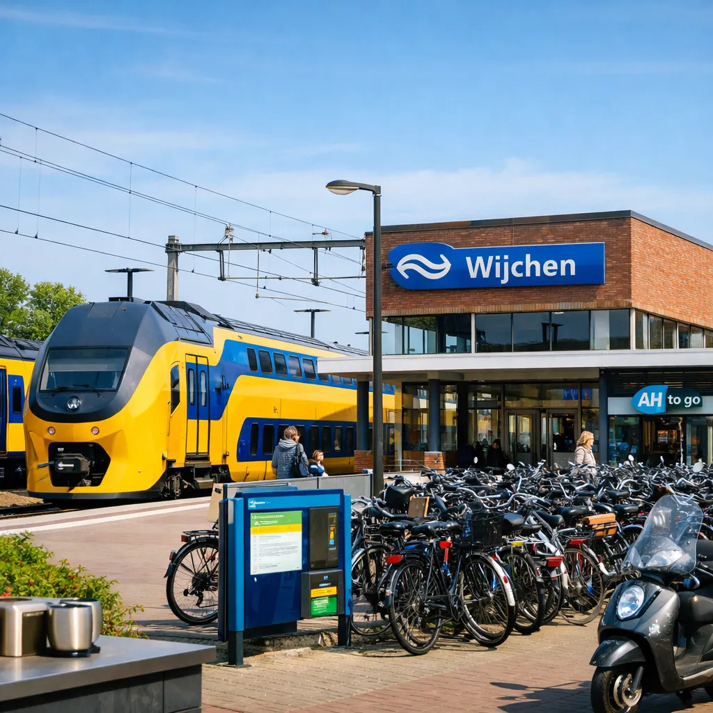 Perron bij station Wijchen met trein en fietsenstalling.