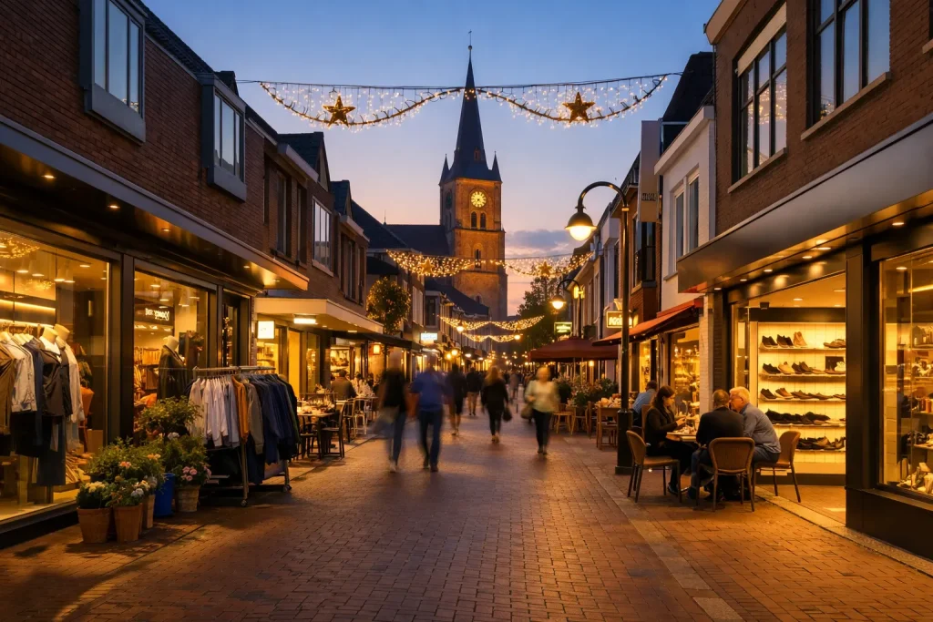 Winkelstraat in Wijchen in de avond met verlichte winkels en voetgangers.
