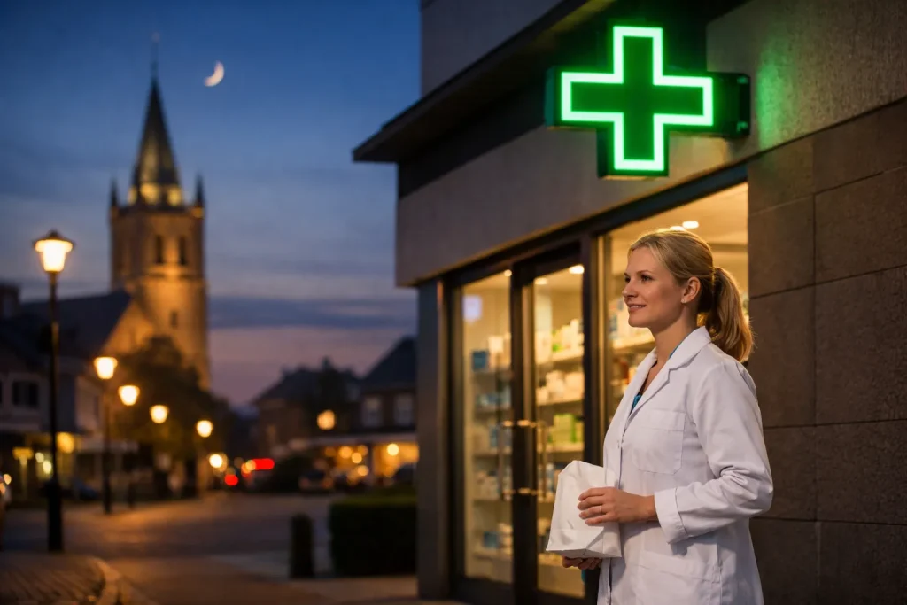 Verlichte apotheek in Wijchen in de avondschemering.