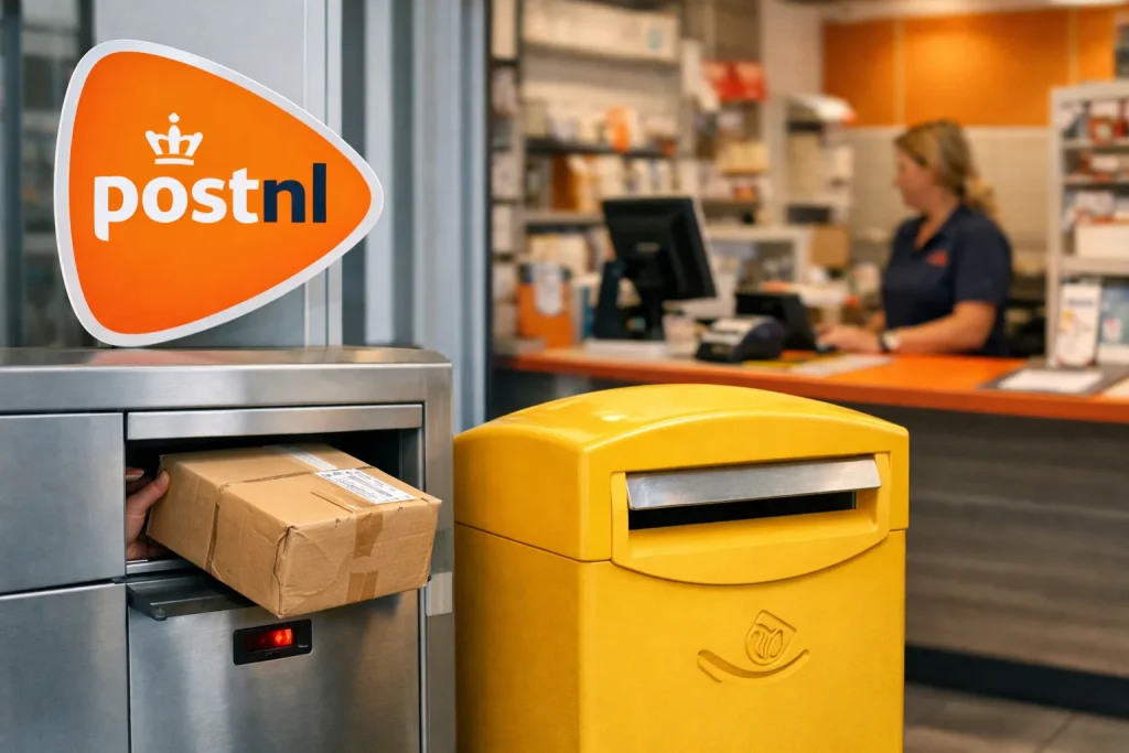 PostNL-locatie met pakketkluis, gele brievenbus en balie op de achtergrond