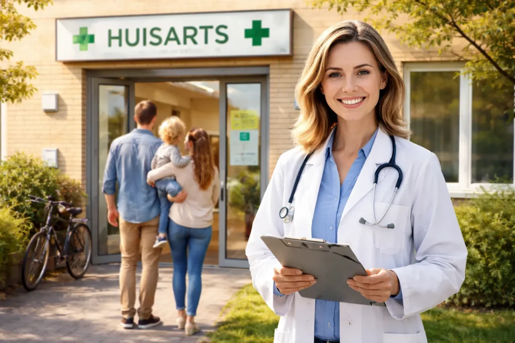 Huisarts bij ingang van een huisartsenpraktijk in Wijchen