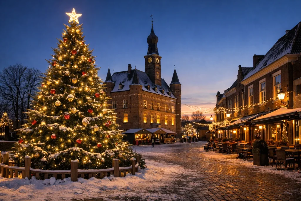 Verlichte kerstboom op een plein in Wijchen bij schemering