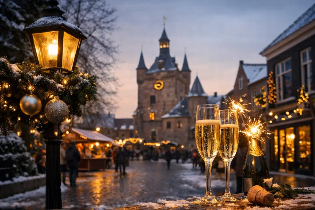 Feestelijk plein in winterse sfeer met champagneglazen en sterretjes