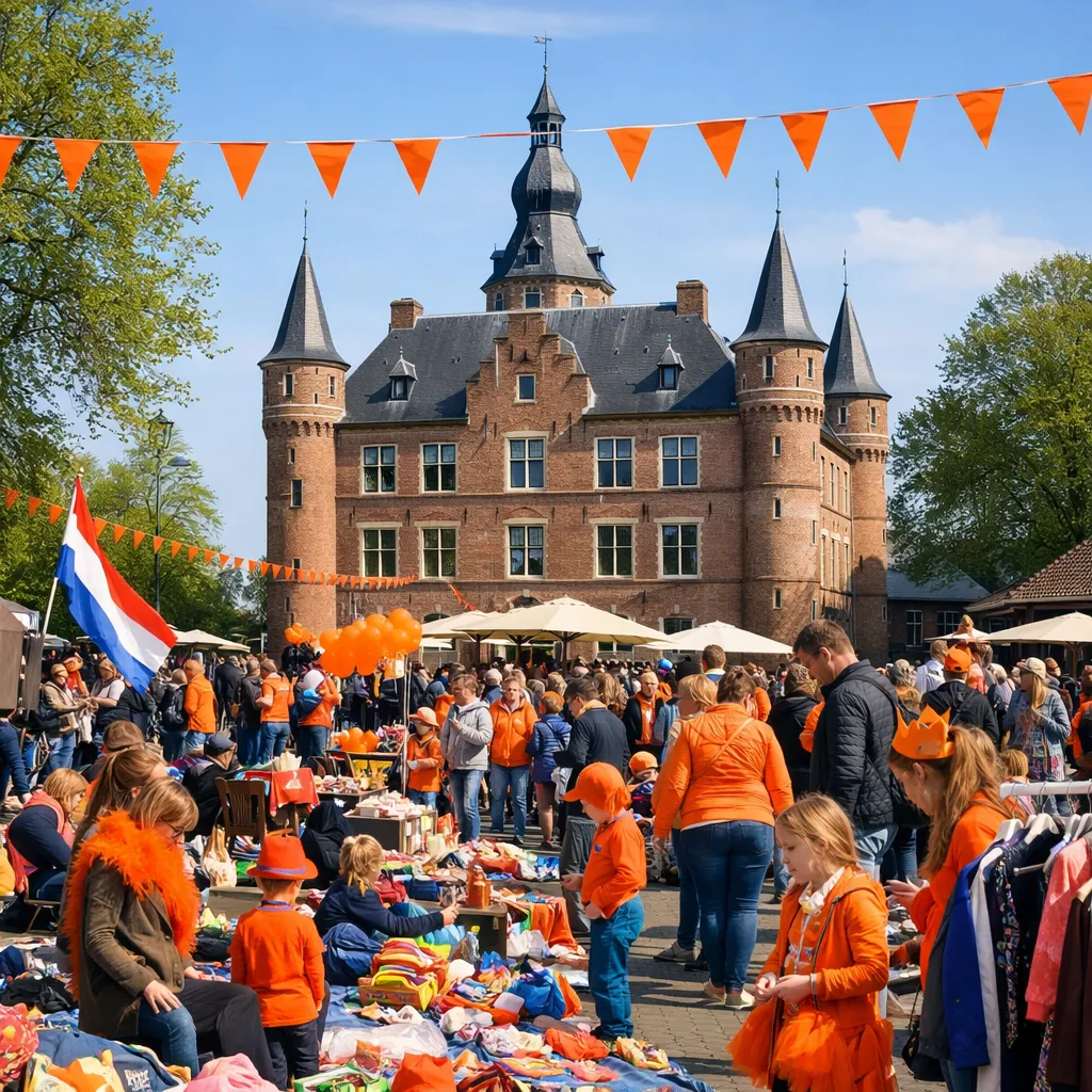 Drukte op Koningsdag in het centrum van Wijchen bij Kasteel Wijchen.