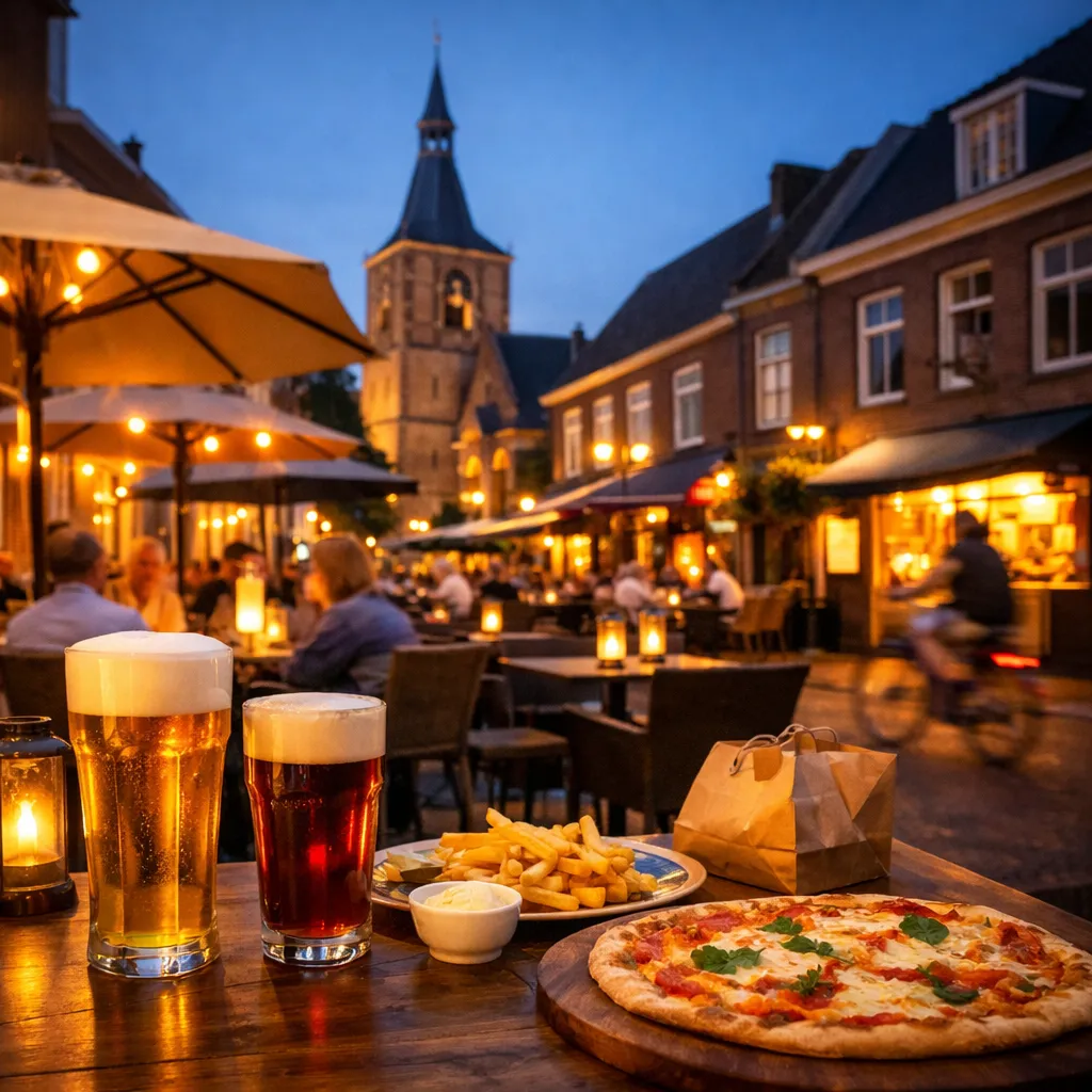Terras in Wijchen bij schemering met bier en friet op tafel