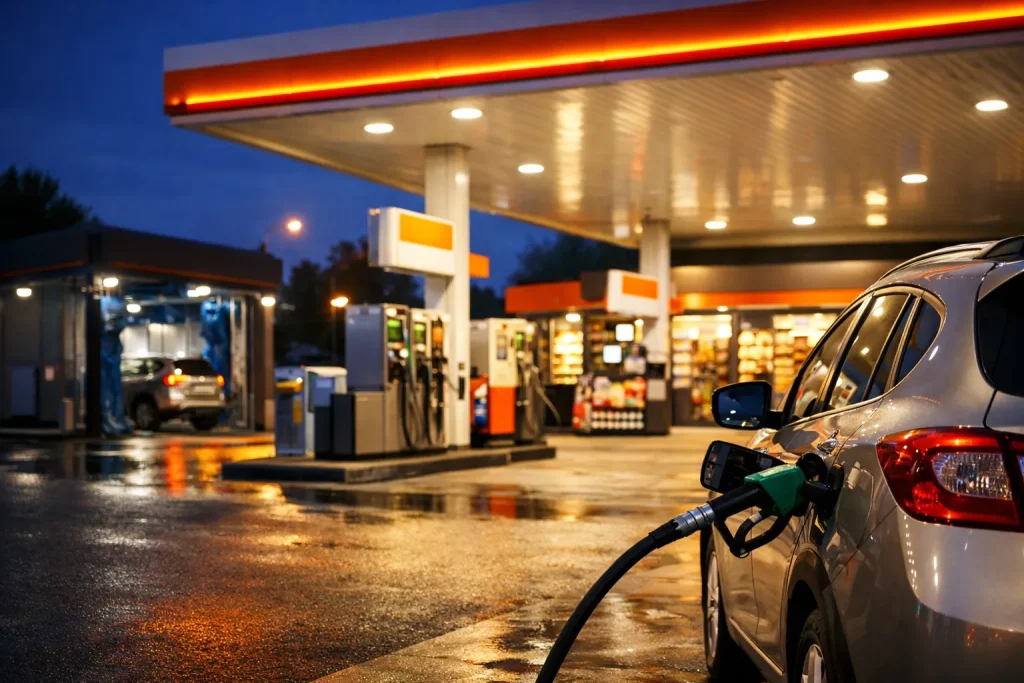 Auto tankt bij een verlichte tankstation in de avond