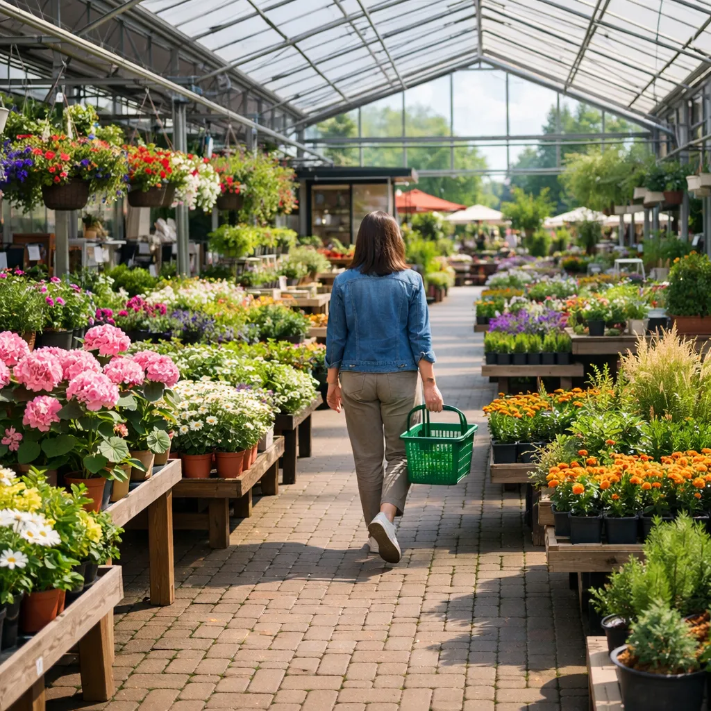Klant loopt door kas met kleurrijke planten in tuincentrum