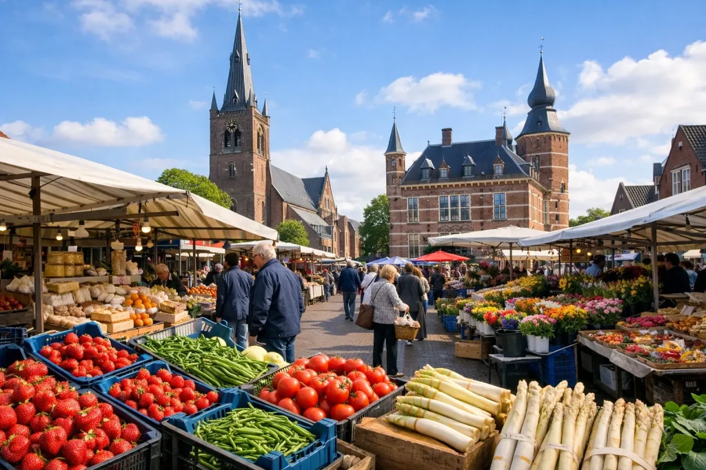Drukke weekmarkt in Wijchen met groente-, fruit- en bloemenkramen op een zonnige dag.