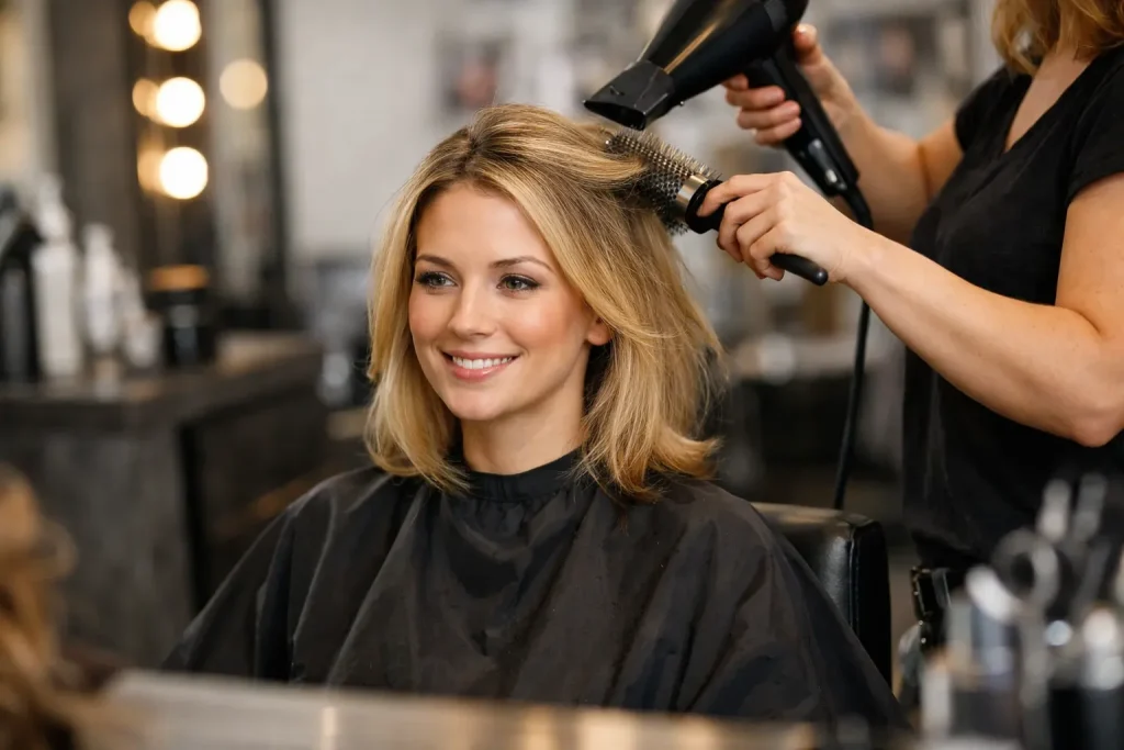 Klant in kapsalon terwijl kapper het haar föhnt en stylet