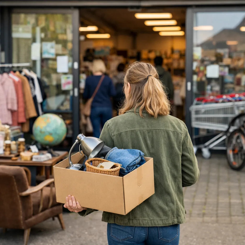 Bezoeker met doos spullen bij de ingang van een kringloopwinkel in Wijchen