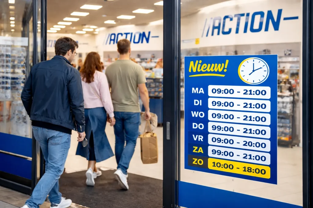Klanten lopen een Action winkel binnen met nieuwe openingstijden op de deur