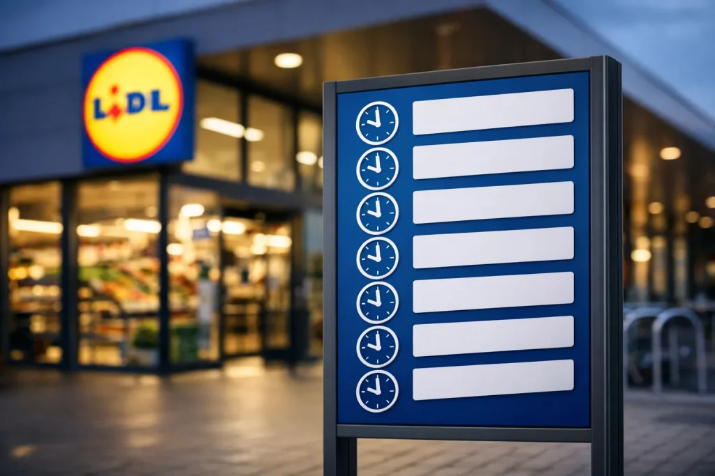 Ingang van een Lidl supermarkt met openingstijdenbord buiten