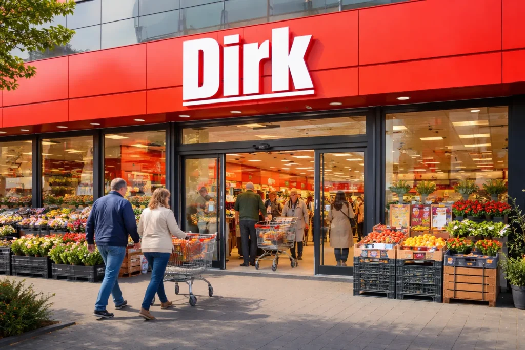 Klanten bij de ingang van een Dirk van den Broek supermarkt