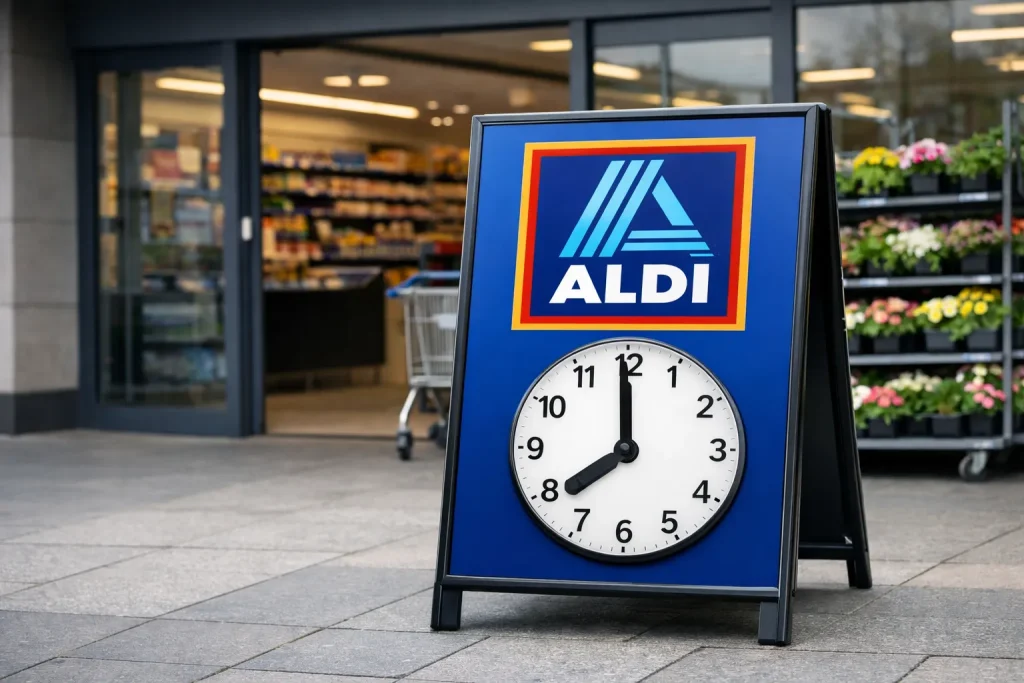Ingang van een Aldi supermarkt met openingstijdenbord buiten