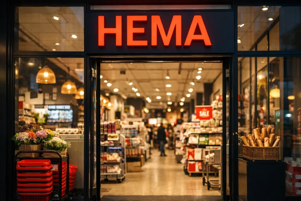 Ingang van een HEMA winkel met verlichte etalage en winkelinterieur zichtbaar.