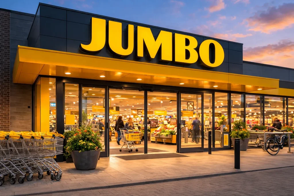 Ingang van een moderne Jumbo supermarkt met winkelwagens en automatische deuren