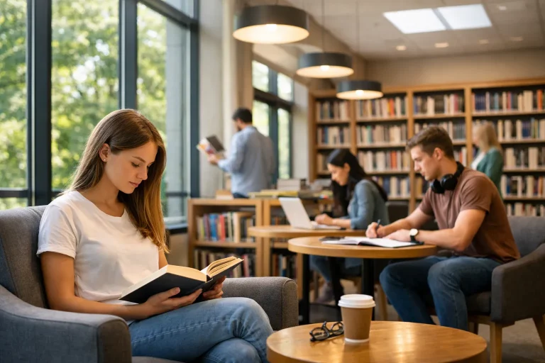 Moderne bibliotheek met bezoekers die boeken lezen en studeren bij daglicht